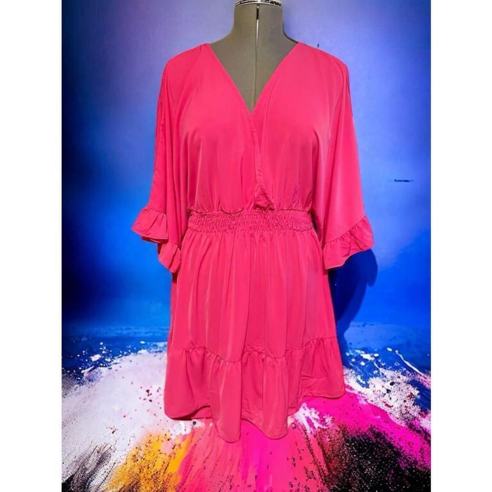 XL Bright Pink spring summer V-neck mini dress Wiopey